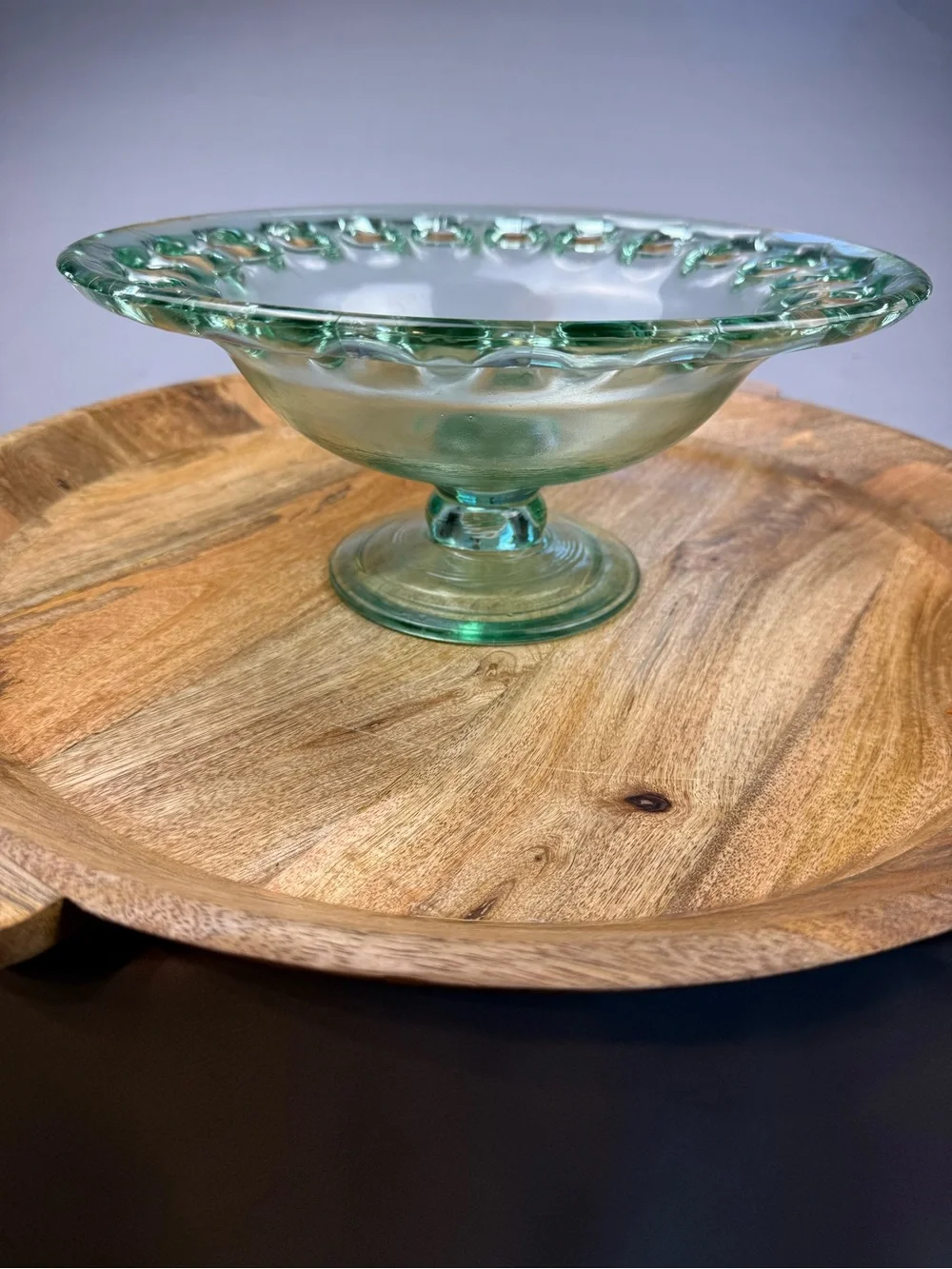 Vintage Green Glass Pedestal Console Bowl Open Lace Rim Cottagecore Decor